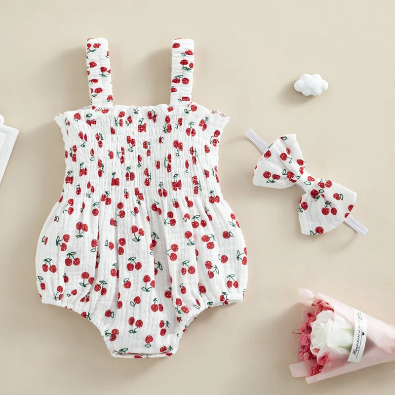 Newborn Infant Girls Carrot Print Sleeveless Cotton Linen Bodysuits Jumpsuits Headband