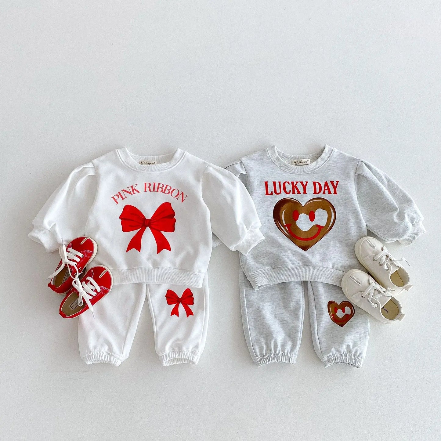 New Children Long Sleeve Clothes Set Boys Girls Bow Heart Print Sweatshirt + Pants