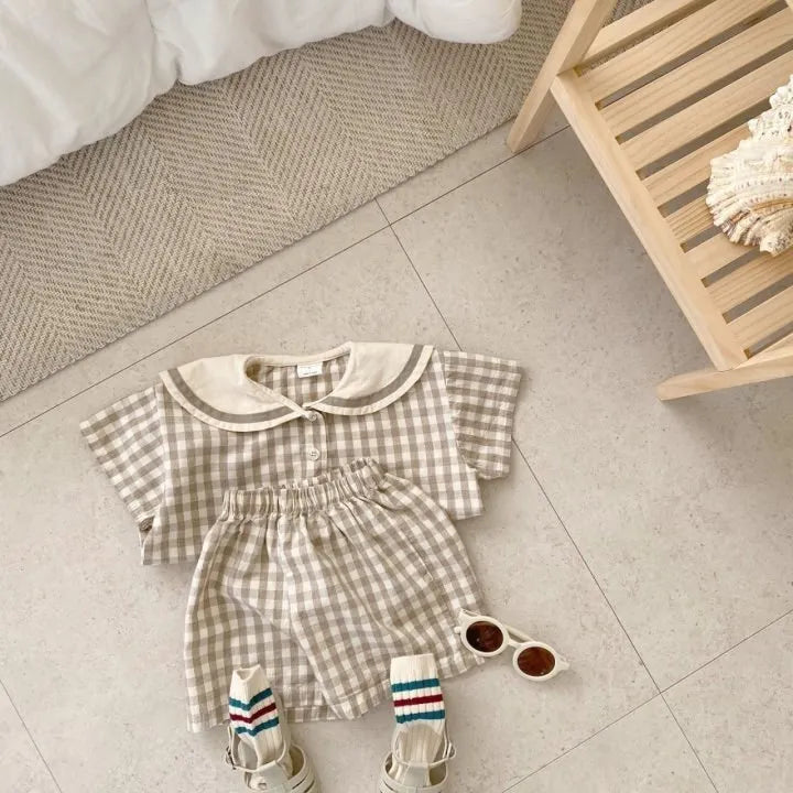 Boy Girl Infant Plaid Cotton Navy Collar Long Sleeve Tops+Shorts 2pcs