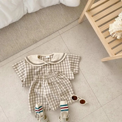 Boy Girl Infant Plaid Cotton Navy Collar Long Sleeve Tops+Shorts 2pcs