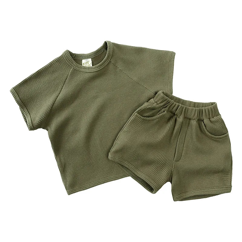 Girls Loose T-shirt And Waffle Shorts 2pc Homewear Suit For Boys