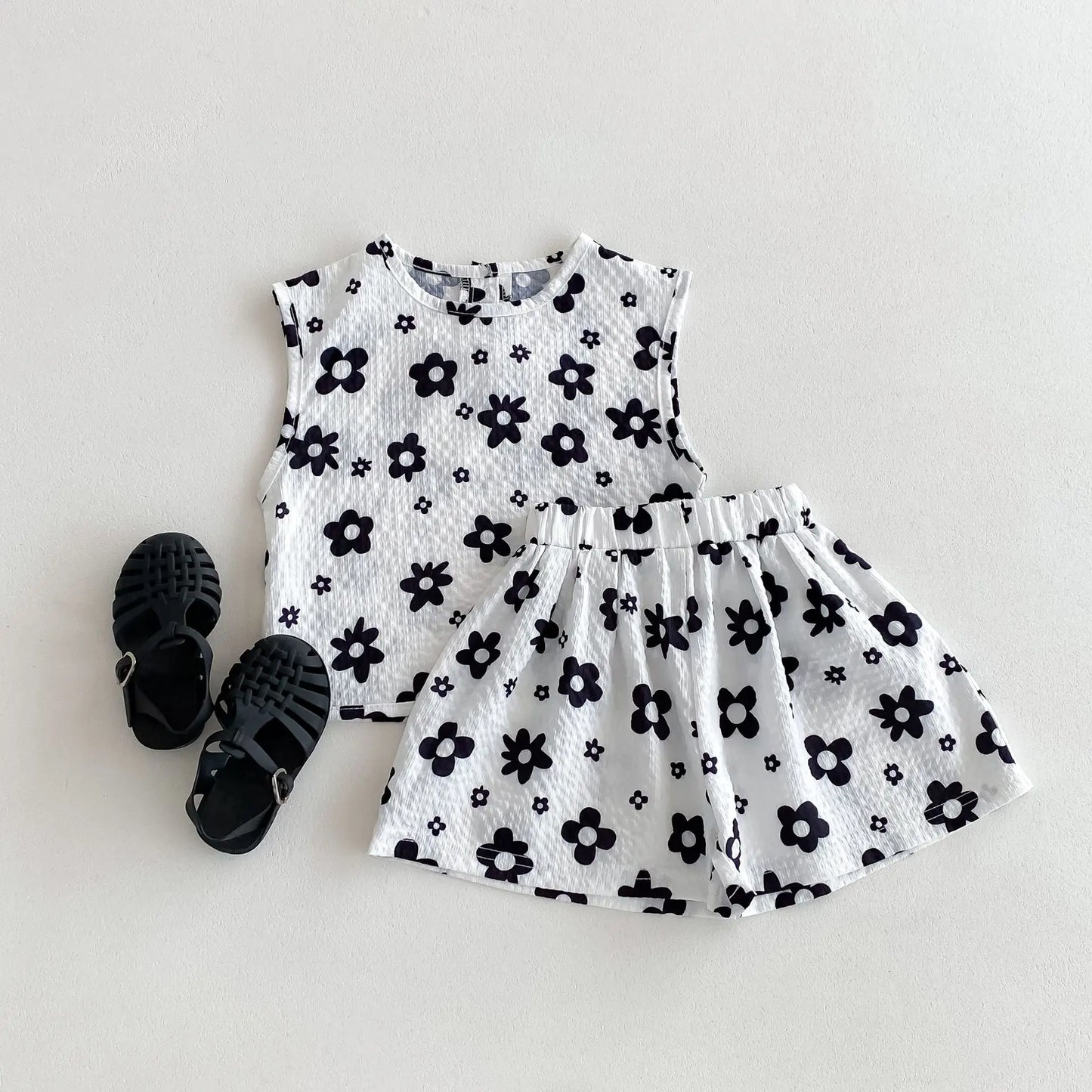 Girl Children Flower Pring Sleeveless Tops + Wide Leg Shorts 2pcs