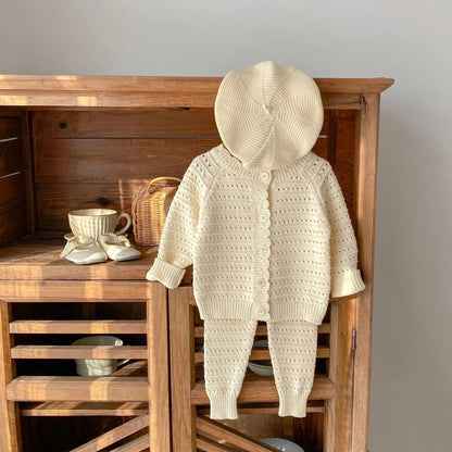 2-Piece Set for Babys Cotton Hollow Knit Single-breasted Top Pants