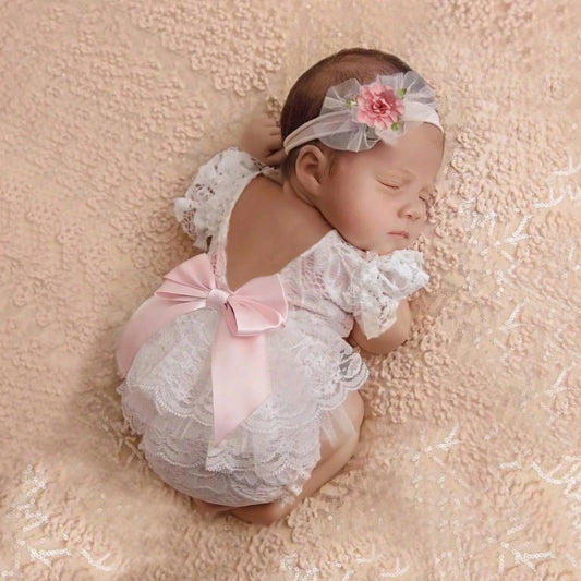 Newborn Lace Romper with Headband Baby Girl Ribbon Bow Photography Lace Outfit Infant