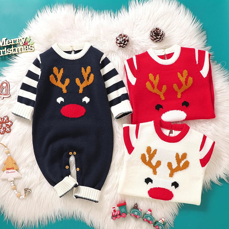 Baby Christmas Romper Elk Pattern Stripe Full Length Jumpsuit