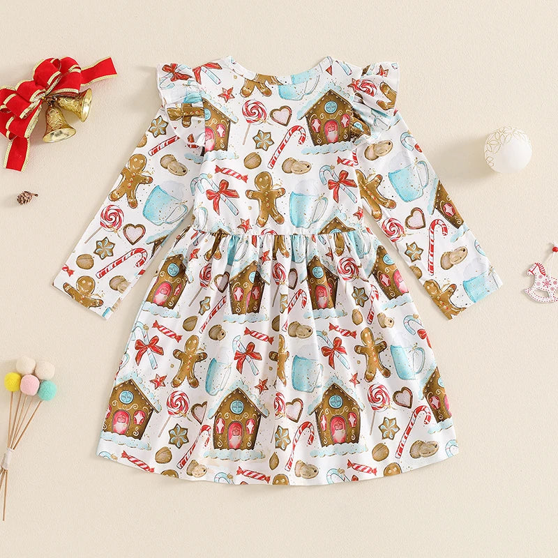 Girls Christmas Element Print Ruffle A-Line Dress for Toddler