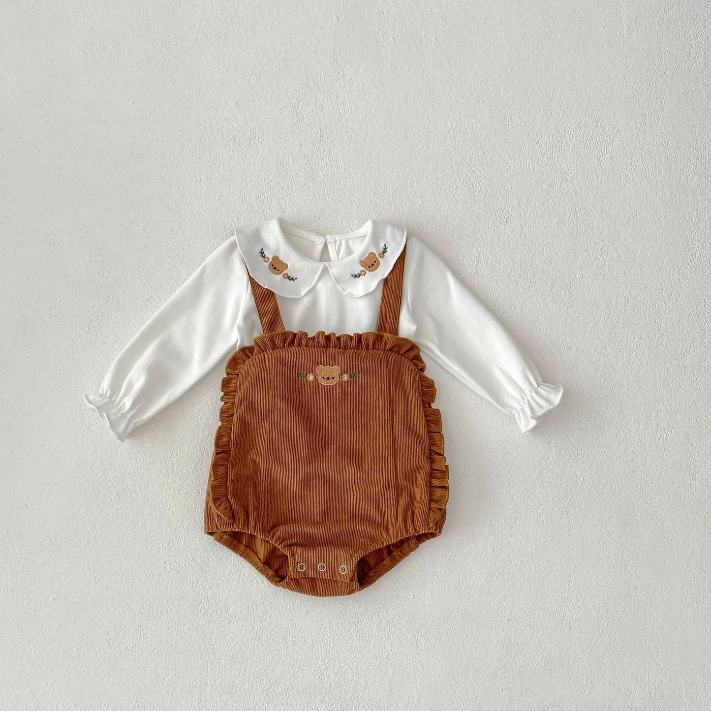 Baby Girls Cute Bear Embroidery Lapel Bottoming Tops + Strap Bodysuit