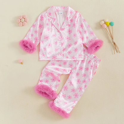 Girl Floral Print Laple Plush Trim Long Sleeve Tops with Elastic Pants Sleepwear