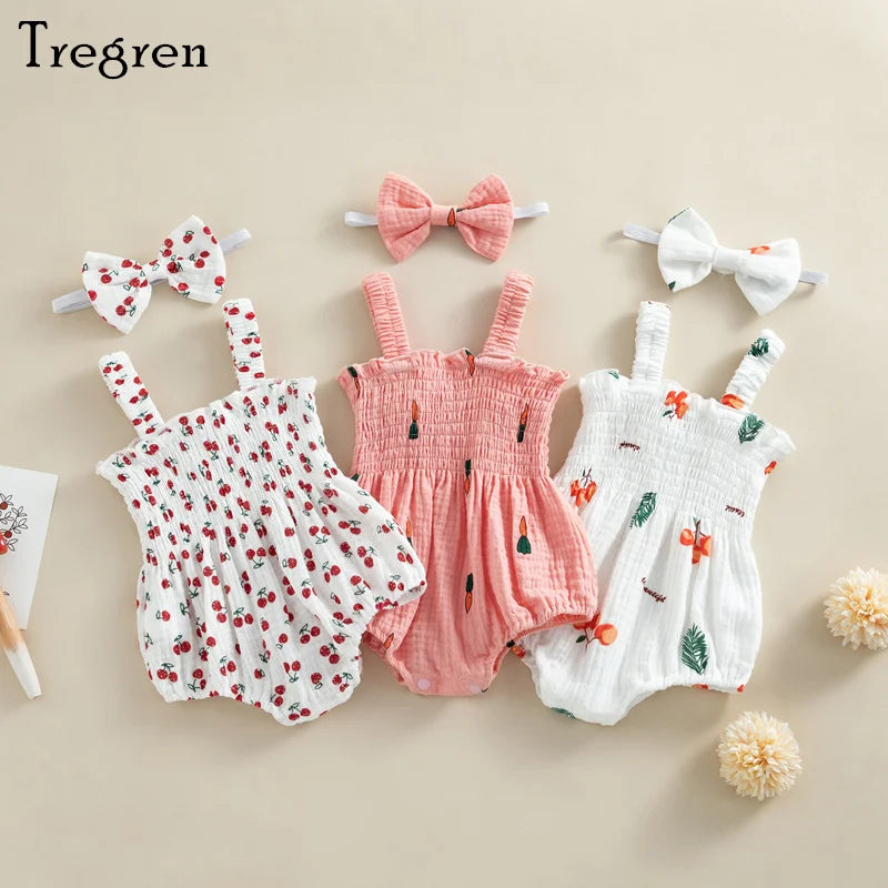 Newborn Infant Girls Carrot Print Sleeveless Cotton Linen Bodysuits Jumpsuits Headband