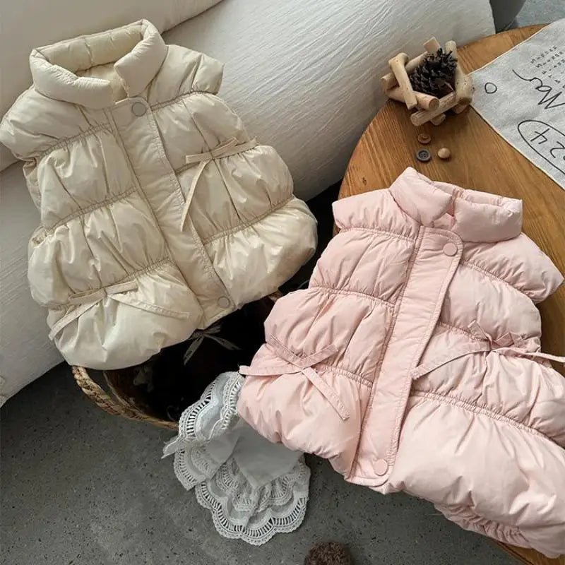 Children Girls Down Vest Cute Bow Thick Coat Versatile Warm Kids Clothes