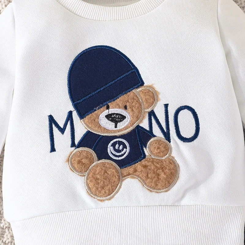 Casual Cartoon Bear Long Sleeve tee and Navy Pants