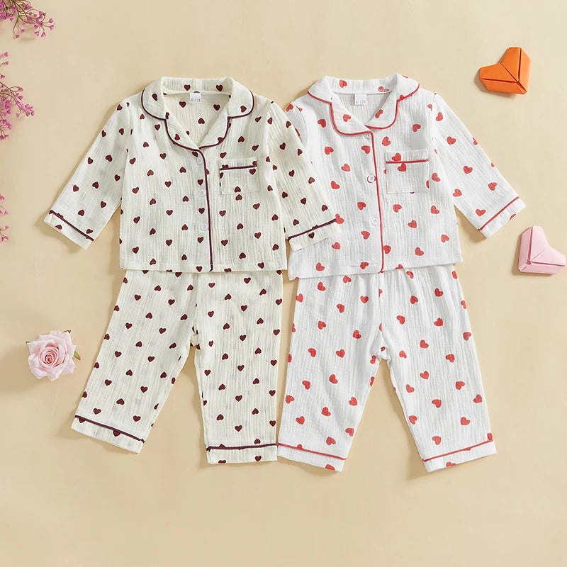 Girls Heart Print Long Sleeves Shirt and Elastic Pants for Loungewear Sleepwear