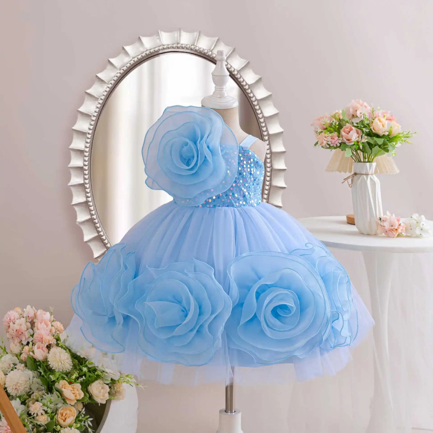 Girls Party Dresses Flower Elegant Child Wedding Gown Sequined Big Bow Kids Birthday Ceremonial Frocks