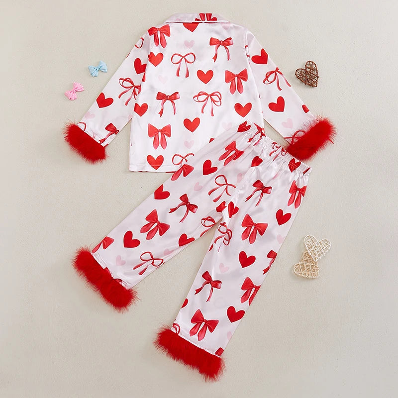 Girls Pajama Set Heart Bow Print Lapel Button-up Tops Elastic Waist Pants