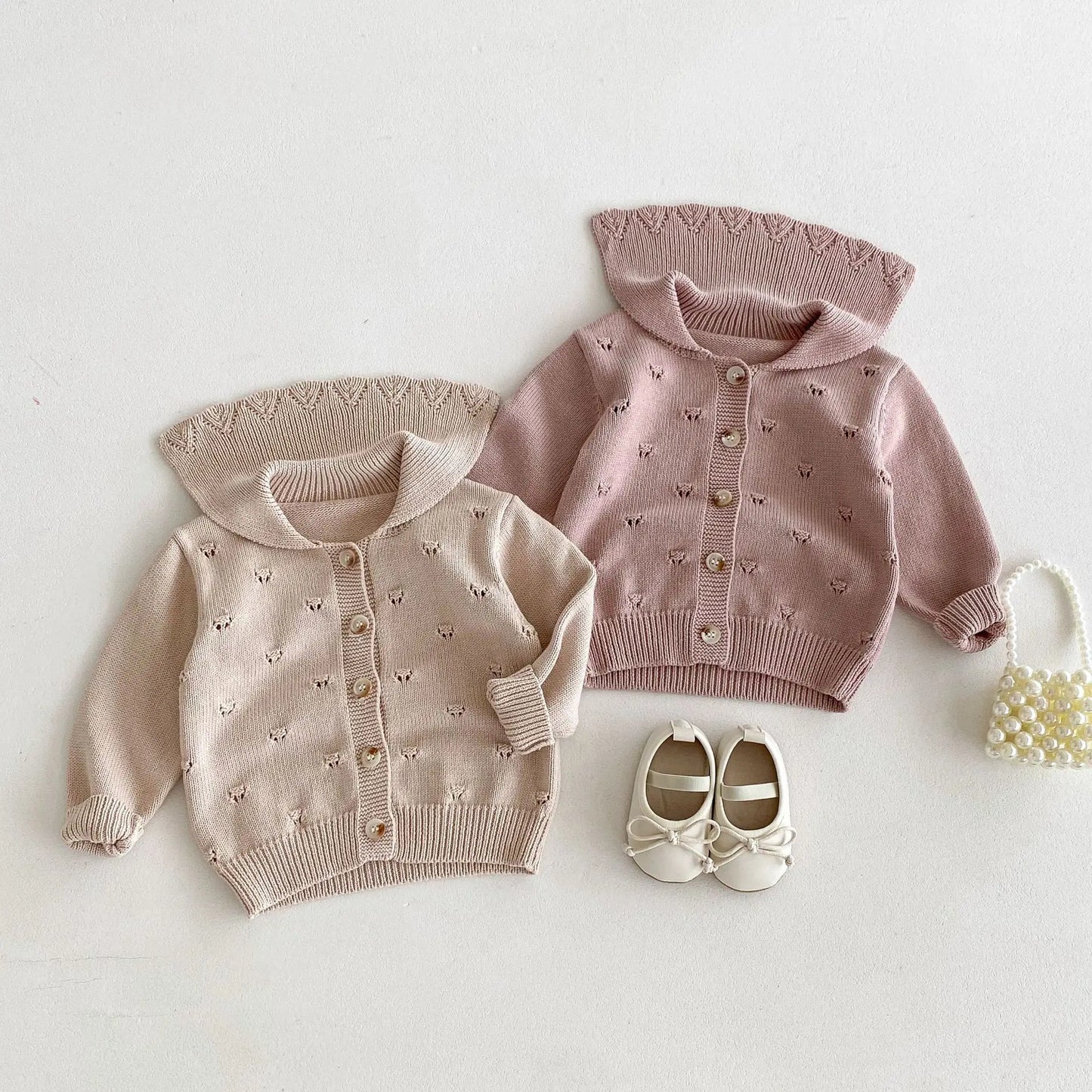 Baby Girls Lapel Hollow Out Knitwear Kids Casual Knitted Cardigan Jacket Clothes