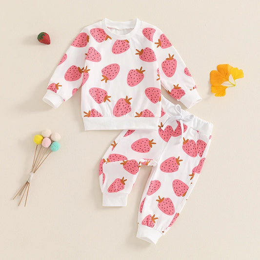 Toddler Girls Fall Outfits Strawberry Print Long Sleeve Sweatshirt and Elastic Sweatpants