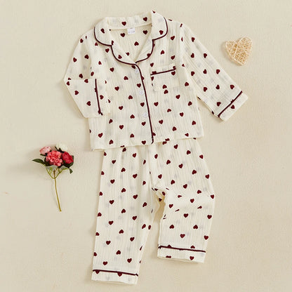 Girls Heart Print Long Sleeves Shirt and Elastic Pants for Loungewear Sleepwear