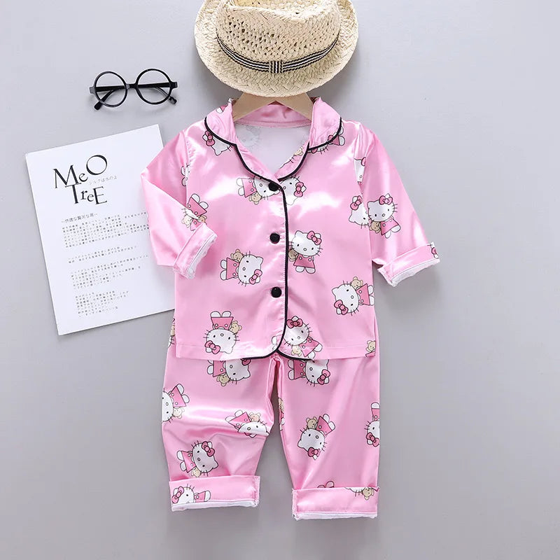 Children Spring Lapel Neck Long Sleeve Sanrio Hello Kitty Print Top+Trousers