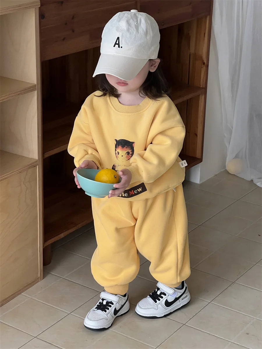 Infant Girls Cute Kitty Fleece Sweatshirt Outfits Kids Sweat Pants Suit