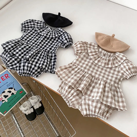 Girl Children Plaid Lapel Puff Sleeve Tops + Shorts 2pcs Cotton Tees Set Clothes