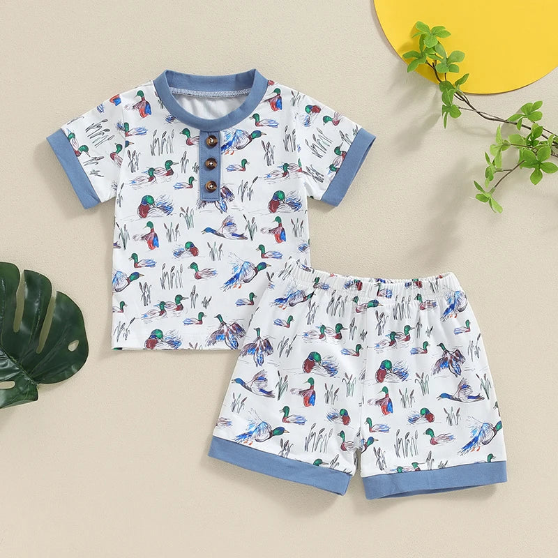 Boys Shorts Set, Duck Print Short Sleeve T-shirt with Elastic Waist Shorts