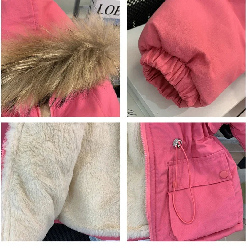 Girls Down Jacket Fur Collar Keep Warm Hooded Zipper Princess Outerwear