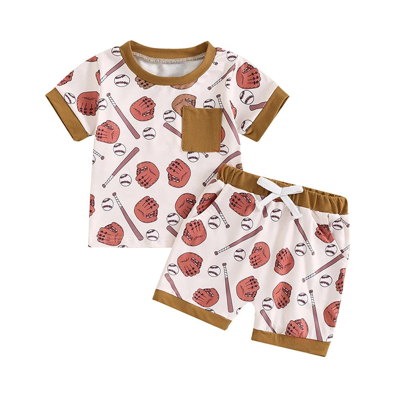 Baby Boys Shorts Set, Baseball Print Short Sleeve T-shirt with Elastic Waist Shorts