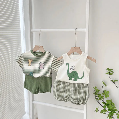 Newborn Boy Striped Cute Animal Print Short Sleeve T-shirt +solid Shorts