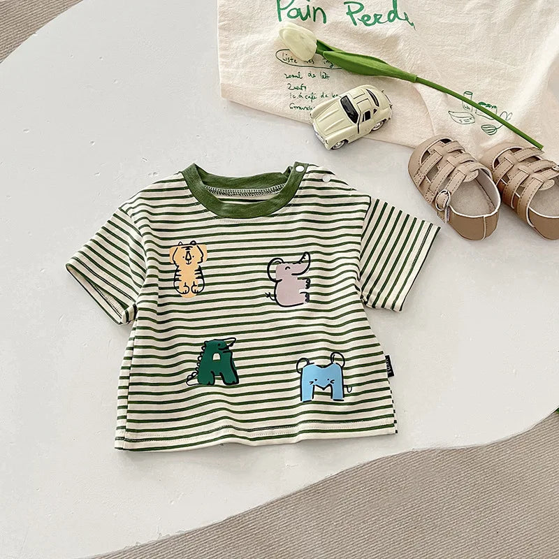 Newborn Boy Striped Cute Animal Print Short Sleeve T-shirt +solid Shorts