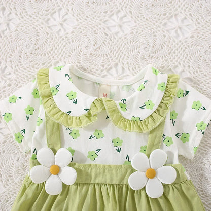 Summer Baby Girl Cotton Flower Fake Two-Piece Shoulder Strap Dress