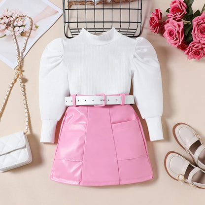 Toddler Girls 2Pcs Puff Sleeve Pullover Tops + Leather Skirt Kid Fashionable Clothes