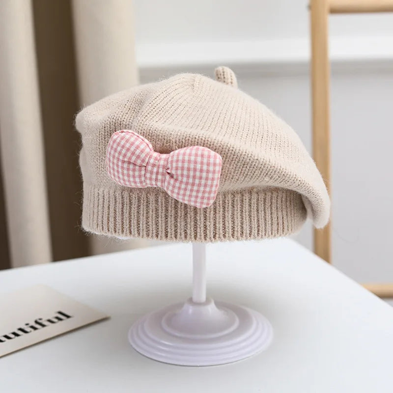 Baby Girls Beret Hats Sweet Plaid Bow Knit Hat Candy Color Princess Beanie Cap