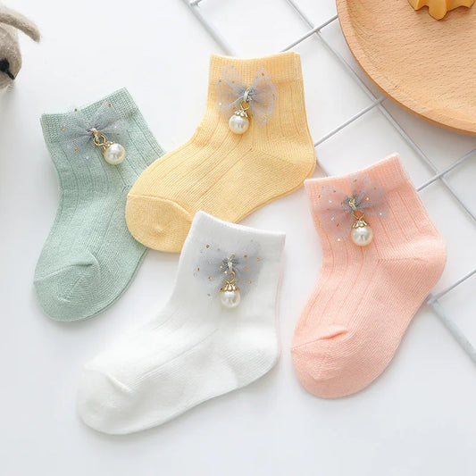 Baby Girls Crew Socks Cute Bow Pearl Socks Breathable Walking Socks for Toddler