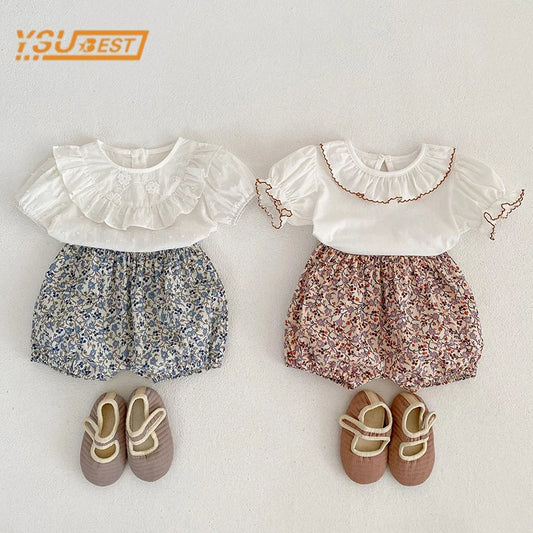 Baby Girls Short Sleeve Pure Color T-shirt +Printing Shorts Suit Sweet