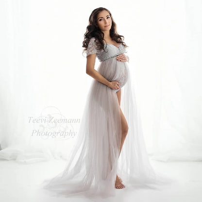 Bohemian Photo Shooting Pregnancy Dress Lace Bodysuit Tulle Long Dress Maternity Dresses