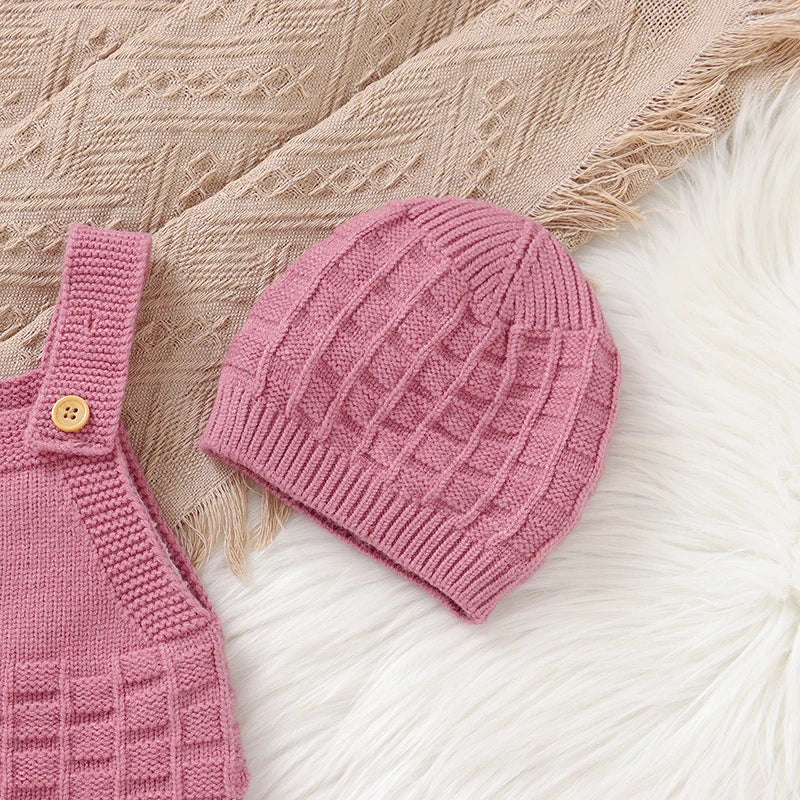 Newborn Baby Girls Romper + Hats Sleeveless Knitted Jumpsuits