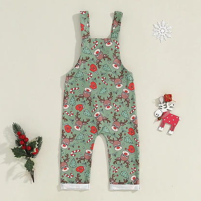 Toddler Girls Boys Christmas Overalls Reindeer/Santa Print Straps Romper Jumpsuit