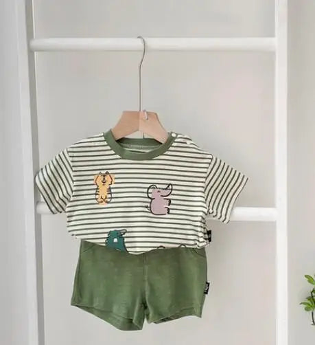 Newborn Boy Striped Cute Animal Print Short Sleeve T-shirt +solid Shorts