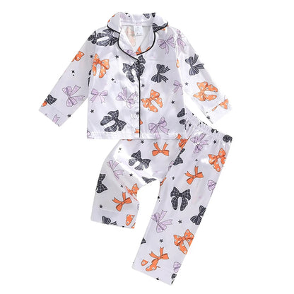 Girls Halloween Pajama Sets Pumpkin/Bow Print Shirt Pants Fall Sleepwear