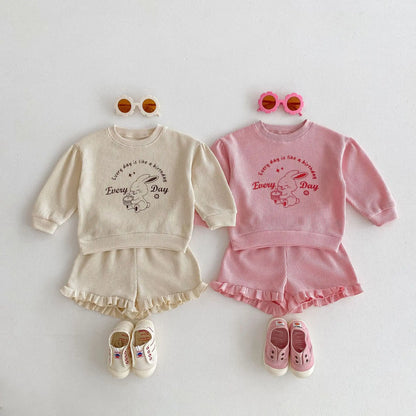 Girls Baby Rabbit Tops + Solid Shorts 2pcs Cotton Children Waffle Sweatshirt Suit