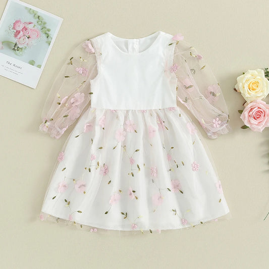 Girls Dress Flower Embroidery Mesh Long Puff Sleeve Dress Fall Casual Sweet Dress