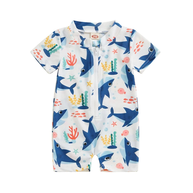 Baby Boy Swimming Costume Cartoon Print Swimwear Short Sleeve Bathing Suit