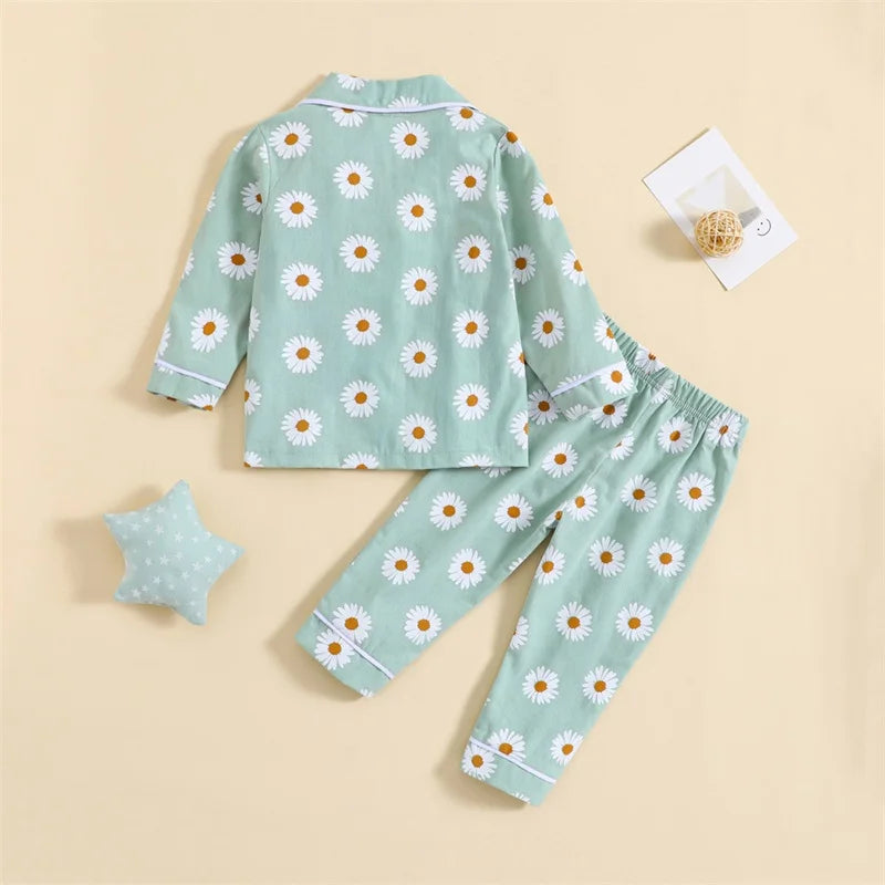 Boy Girl 2-Piece Pajamas Set Daisy Pattern Lapel Button Down Tops Pants