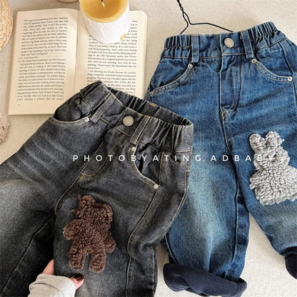 New Children Fleece Denim Trousers Boys/Girls Casual Pants