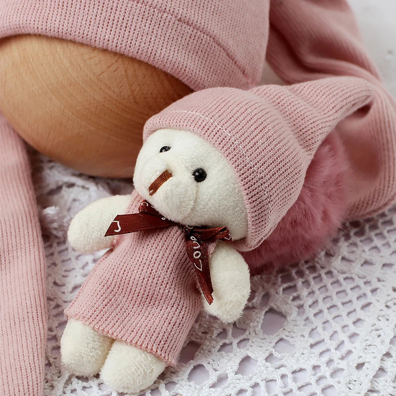3 Pieces Set Newborn Jumpsuit Tail Pom Hat Set with Mini Doll Pink Baby Photography Outfit New born Girl