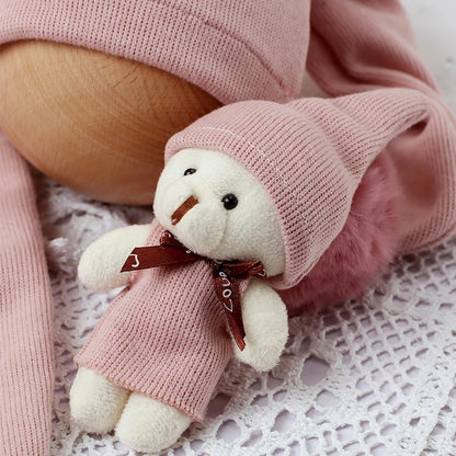 3 Pieces Set Newborn Jumpsuit Tail Pom Hat Set with Mini Doll Pink Baby Photography Outfit New born Girl