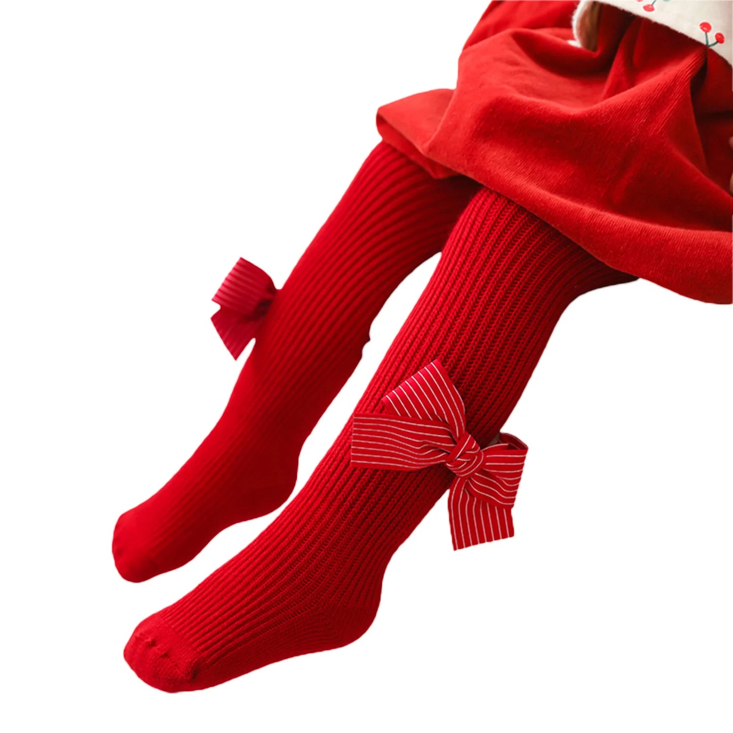 Girls Christmas Ribbed Pantyhose Stretch Mid-Rise Red Tights with Bows