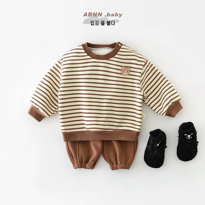 New Baby Sweatshirt Infant Plus Velvet Thick Warm Boy Girl Casual Striped Tops