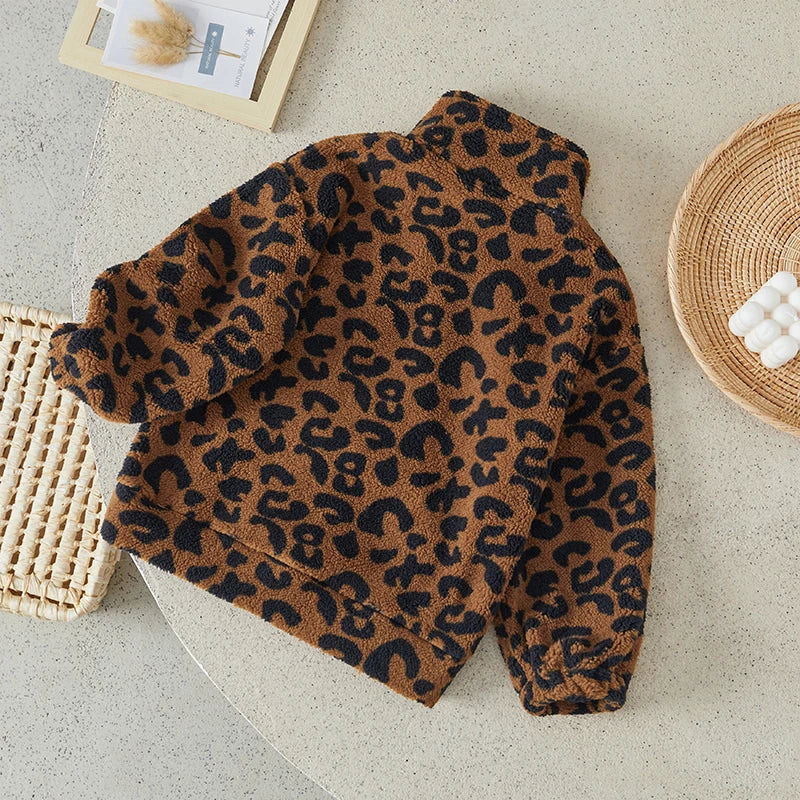 Boy Coat Fuzzy Long Sleeve Stand Collar Leopard Print Zipper Outwear