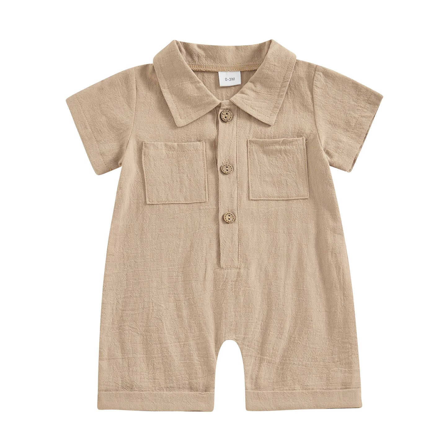 Boys Cotton Linen Jumpsuit Solid Color Lapel Short Sleeve Front Button Romper